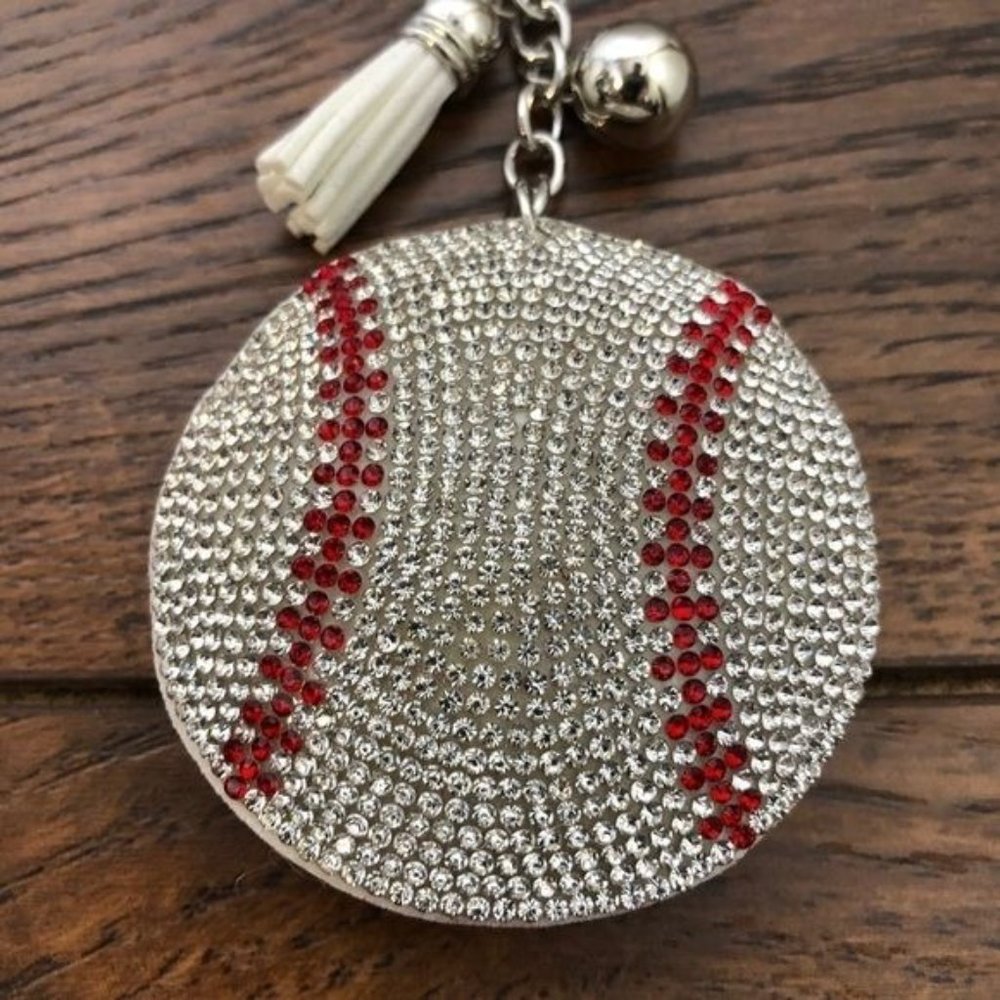 Puffed Rhinestone Baseball Key Chain Purse Charm - Picture 3 of 8